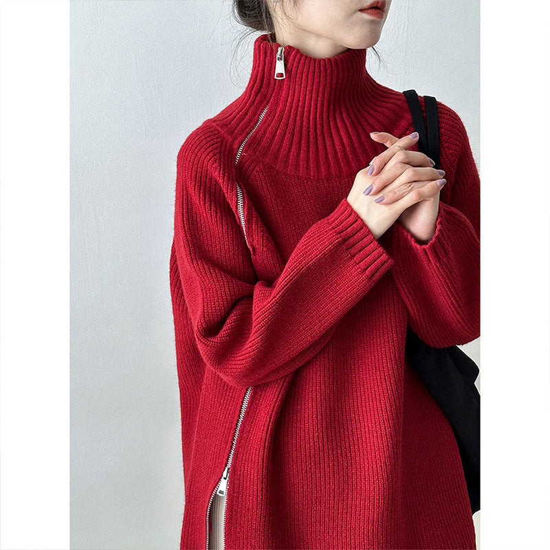 Pull Col Roulé Zippé Ample en Maille