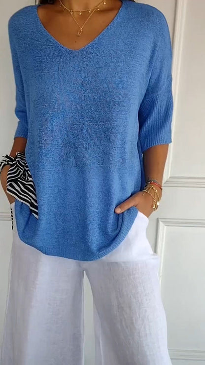 Pull à Col V Ajusté en Maille Fine