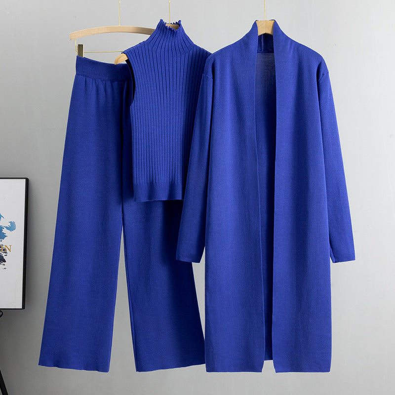 Ensemble Tricot 3 Pièces Gilet, Cardigan Long & Pantalon Wide-Leg