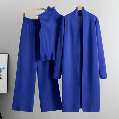 Ensemble Tricot 3 Pièces Gilet, Cardigan Long & Pantalon Wide-Leg