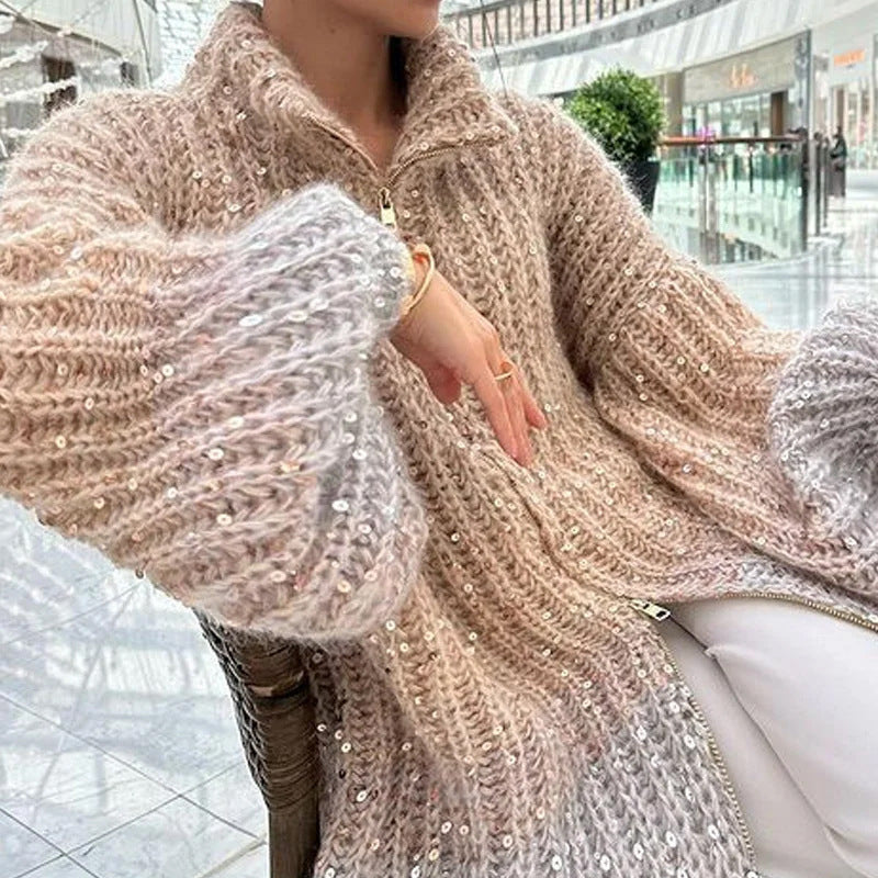 Manteau en maille style western chic avec détail sequins