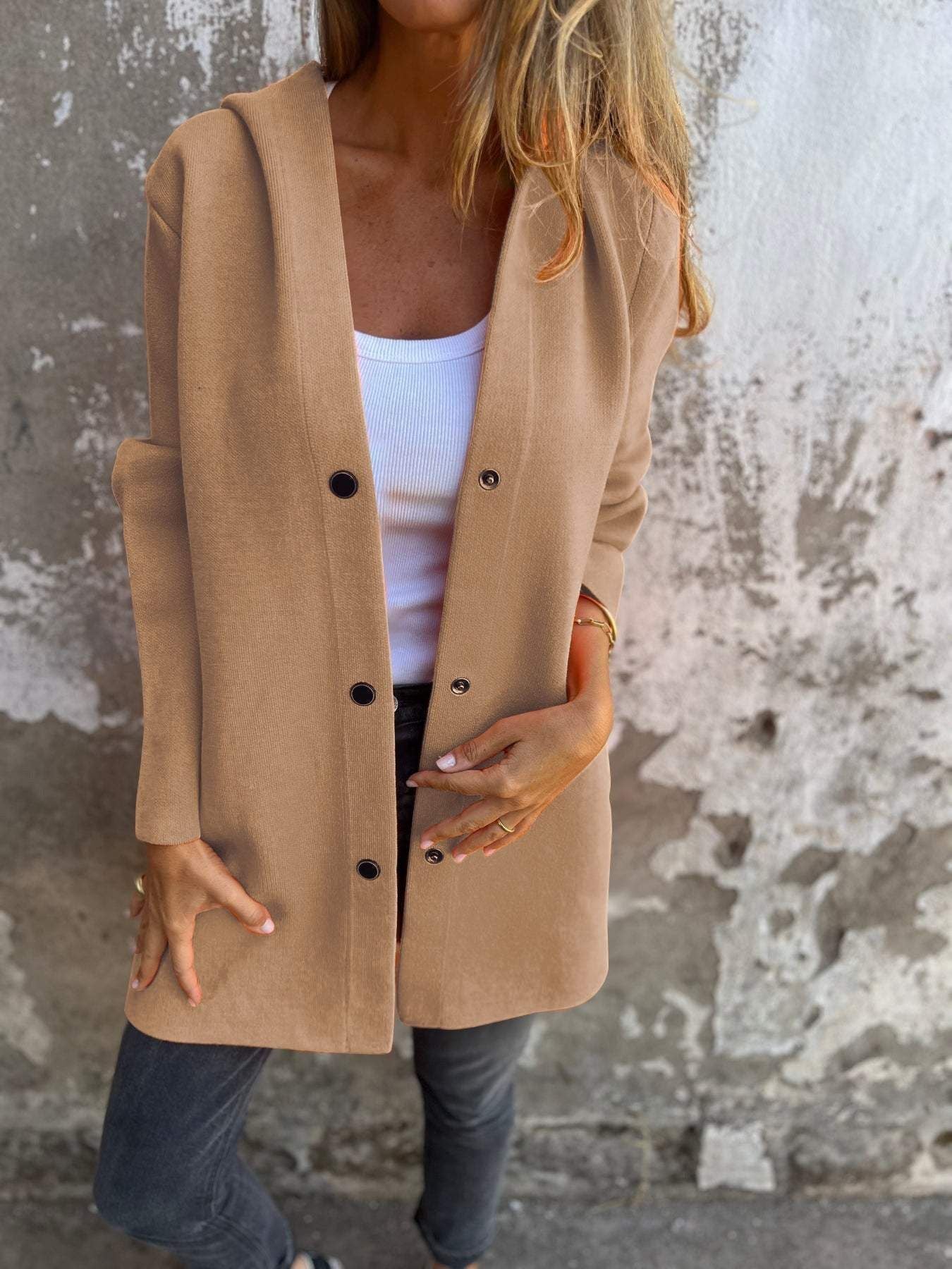 Cardigan à Capuche Décontracté à Boutonnage Simple