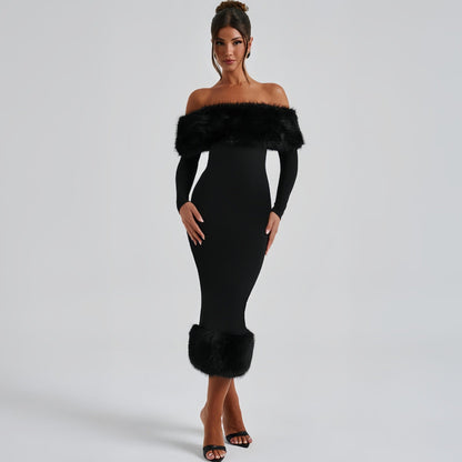 Robe élégante moulante à manches longues avec col en fourrure