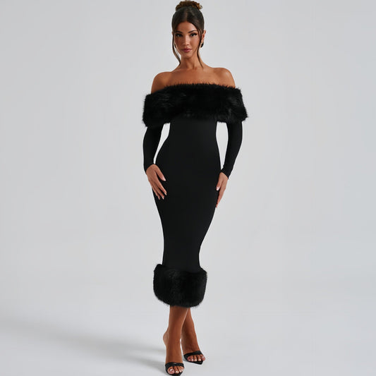Robe élégante moulante à manches longues avec col en fourrure