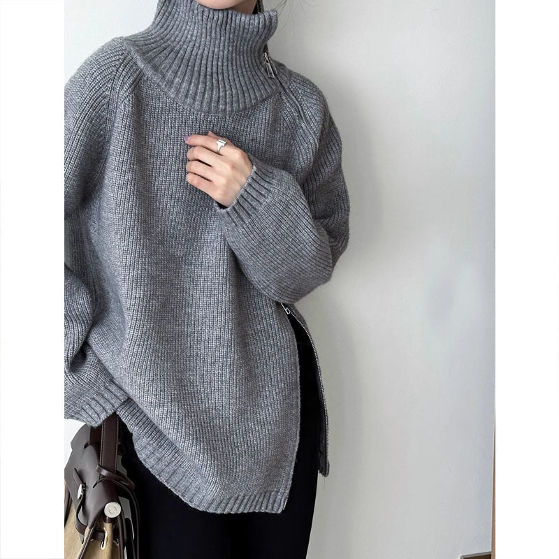Pull Col Roulé Zippé Ample en Maille