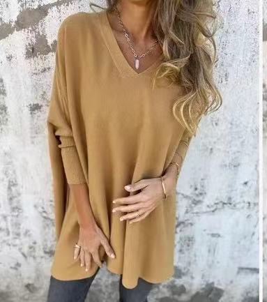 Chemise Longue Tricotée à Col V & Manches Longues