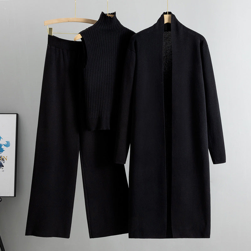 Ensemble Tricot 3 Pièces Gilet, Cardigan Long & Pantalon Wide-Leg
