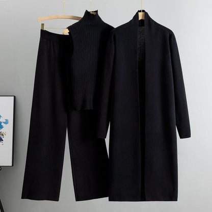 Ensemble Tricot 3 Pièces Gilet, Cardigan Long & Pantalon Wide-Leg