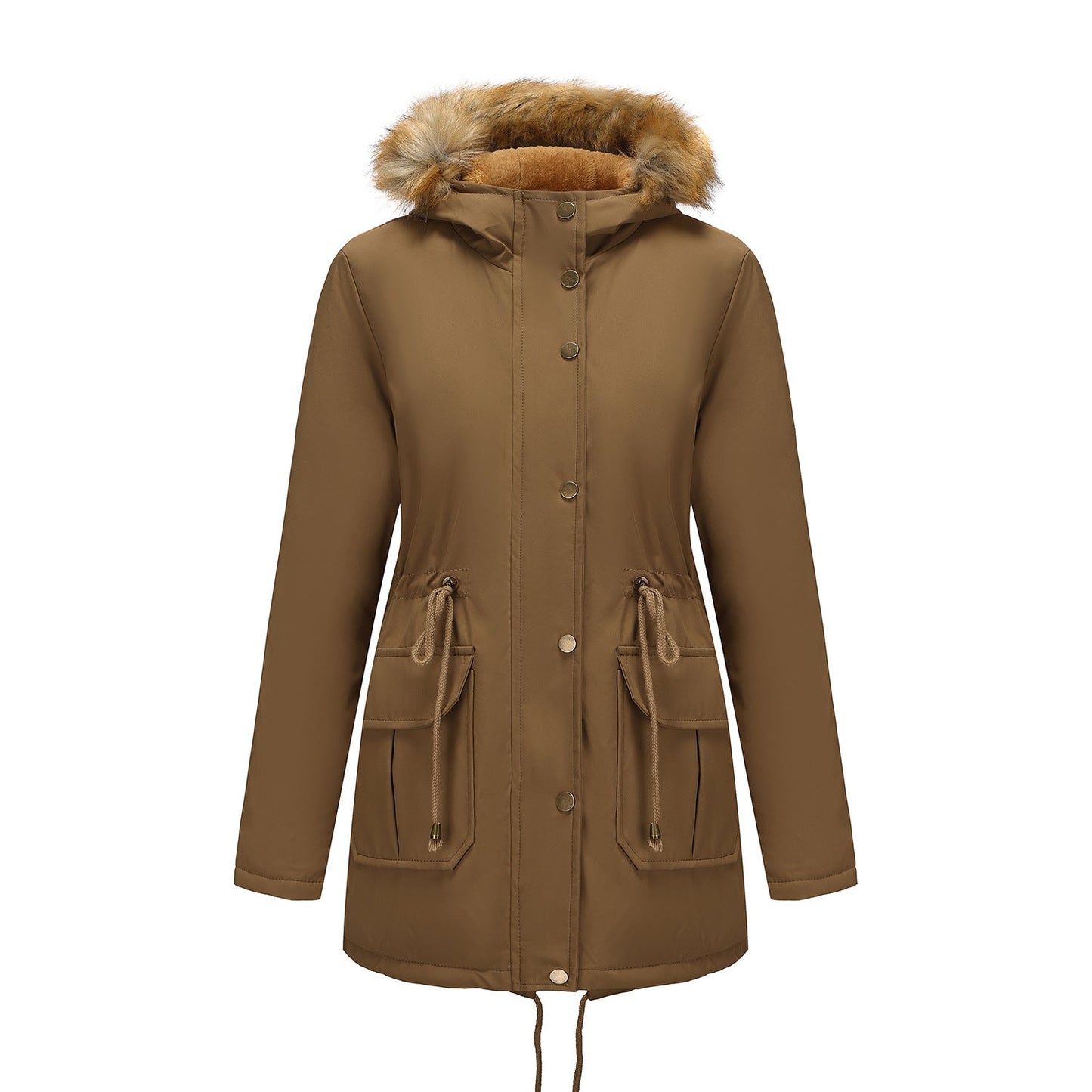 Manteau Femme Mi-Long Élégant à Capuche et Col Fourrure, Taille Cintrée