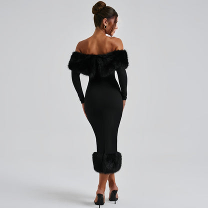 Robe élégante moulante à manches longues avec col en fourrure