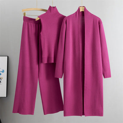 Ensemble Tricot 3 Pièces Gilet, Cardigan Long & Pantalon Wide-Leg