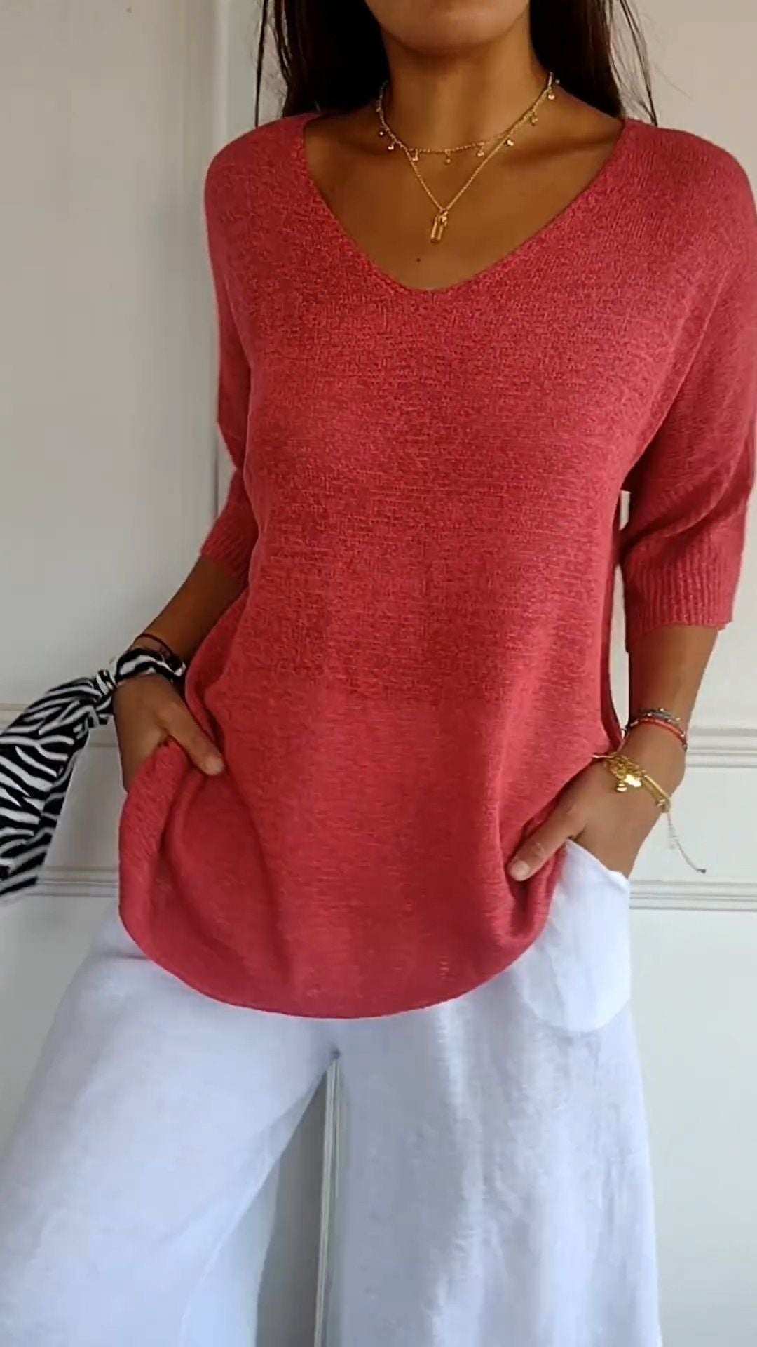 Pull à Col V Ajusté en Maille Fine