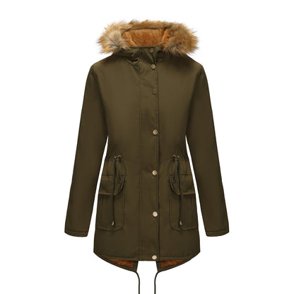 Manteau Femme Mi-Long Élégant à Capuche et Col Fourrure, Taille Cintrée