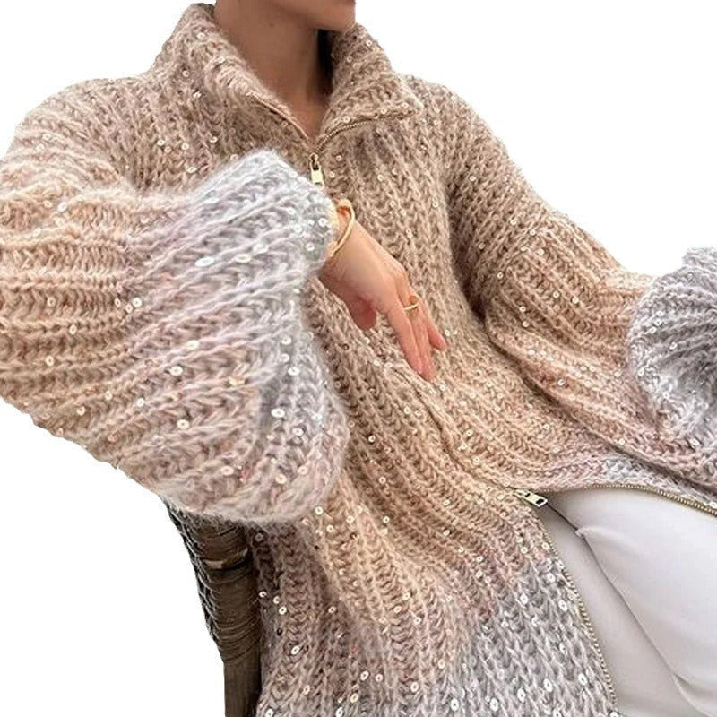 Manteau en maille style western chic avec détail sequins