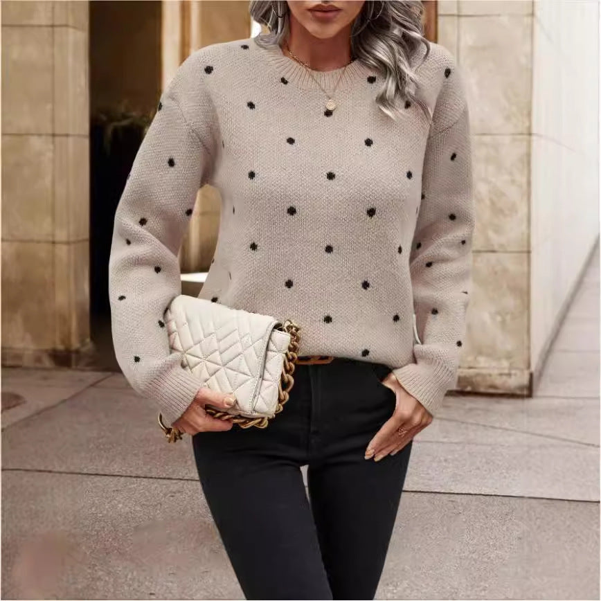Pull fashion col rond à pois jacquard – manches longues
