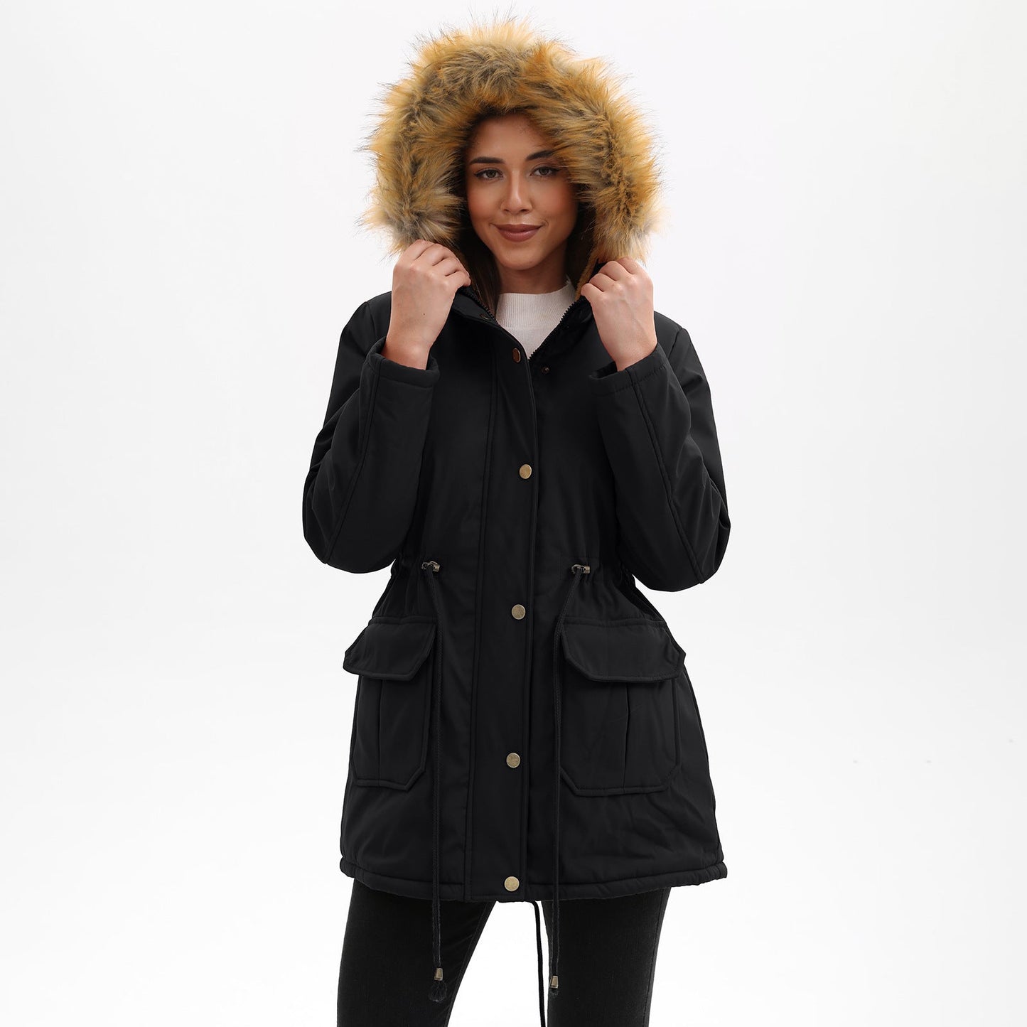 Manteau Femme Mi-Long Élégant à Capuche et Col Fourrure, Taille Cintrée