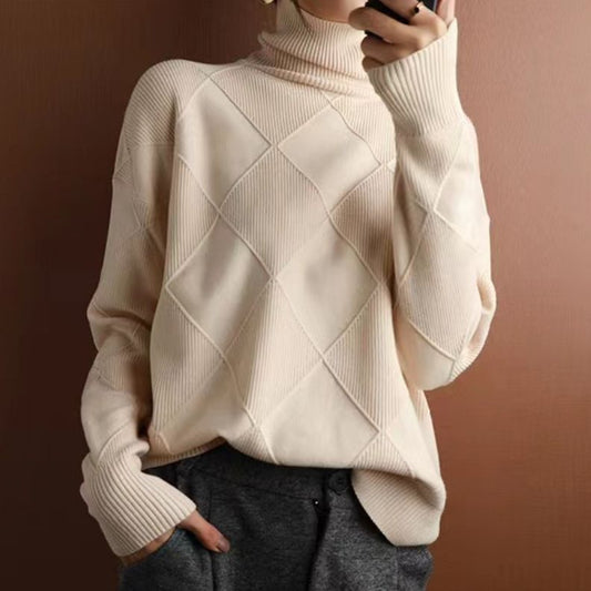 Pull Col Roulé à Motif Losange Texturé