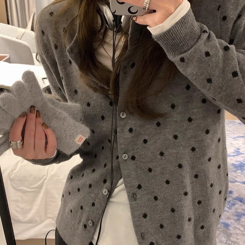 Cardigan Gris à Pois Manches Longues