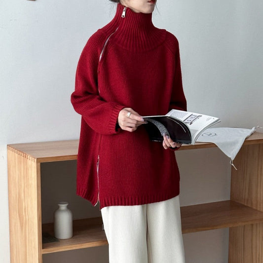 Pull Col Roulé Zippé Ample en Maille
