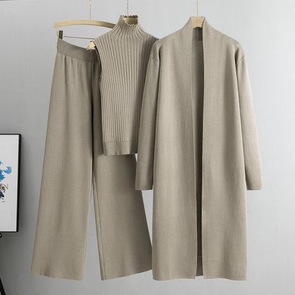 Ensemble Tricot 3 Pièces Gilet, Cardigan Long & Pantalon Wide-Leg