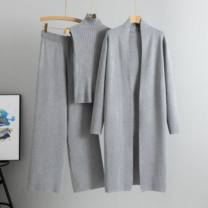 Ensemble Tricot 3 Pièces Gilet, Cardigan Long & Pantalon Wide-Leg