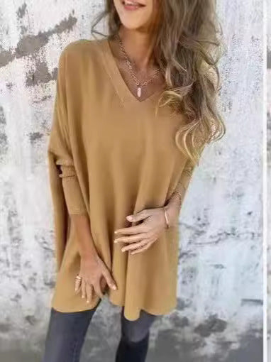 Chemise Longue Tricotée à Col V & Manches Longues