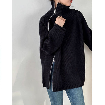 Pull Col Roulé Zippé Ample en Maille
