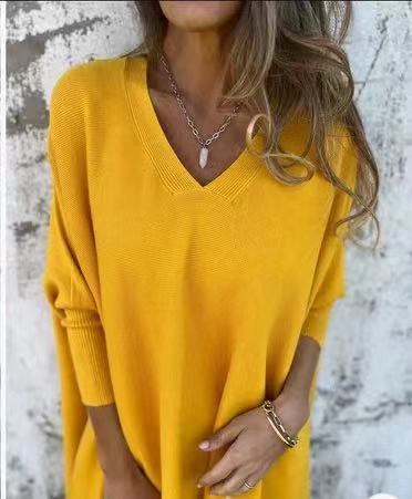 Chemise Longue Tricotée à Col V & Manches Longues