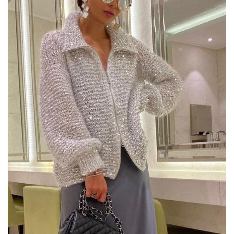 Manteau en maille style western chic avec détail sequins