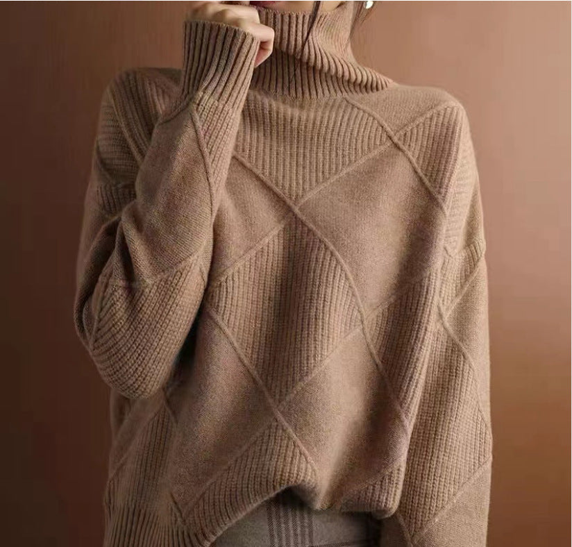Pull Col Roulé à Motif Losange Texturé