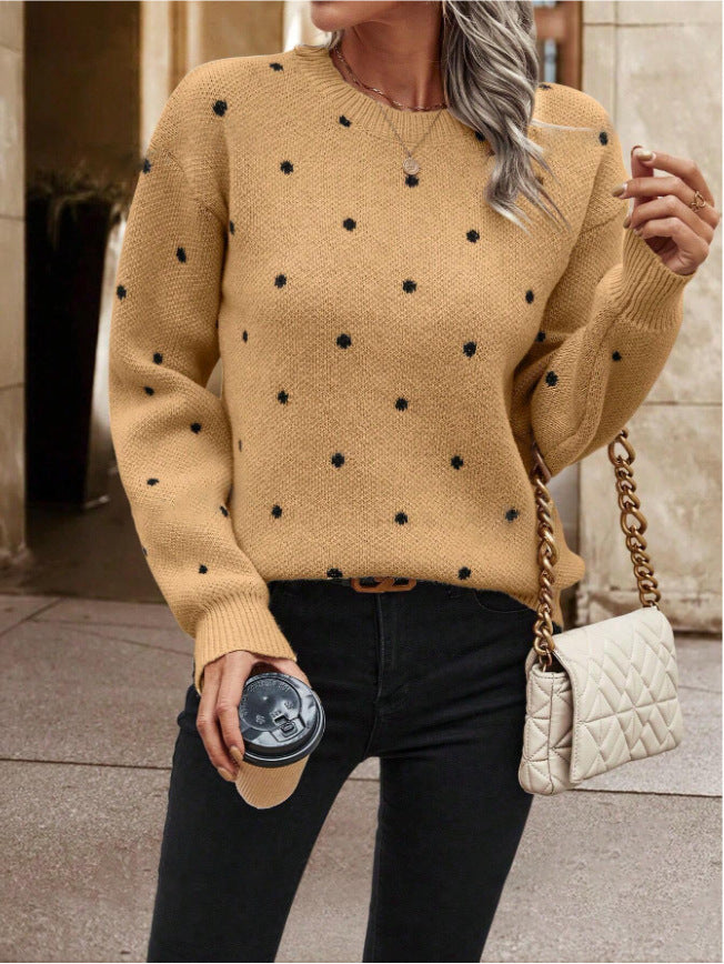Pull fashion col rond à pois jacquard – manches longues