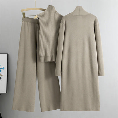 Ensemble Tricot 3 Pièces Gilet, Cardigan Long & Pantalon Wide-Leg