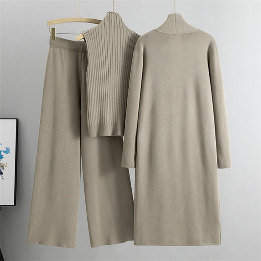 Ensemble Tricot 3 Pièces Gilet, Cardigan Long & Pantalon Wide-Leg