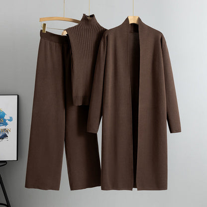 Ensemble Tricot 3 Pièces Gilet, Cardigan Long & Pantalon Wide-Leg