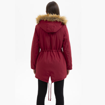 Manteau Femme Mi-Long Élégant à Capuche et Col Fourrure, Taille Cintrée