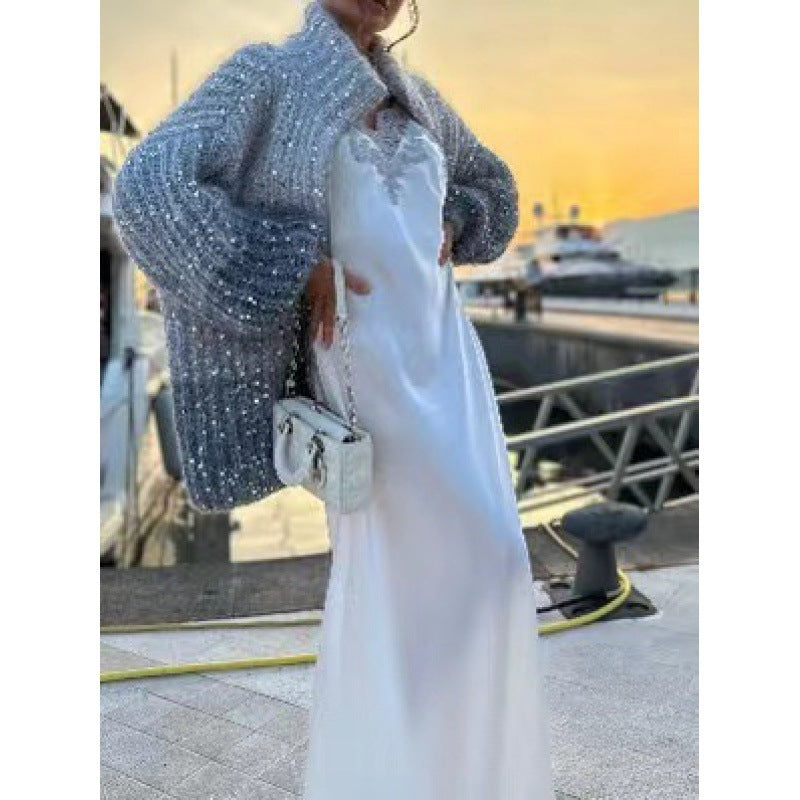 Manteau en maille style western chic avec détail sequins