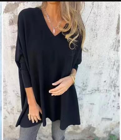 Chemise Longue Tricotée à Col V & Manches Longues