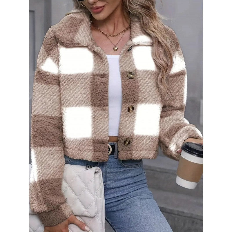 Gilet en peluche à carreaux et boutons, manteau chaud et décontracté