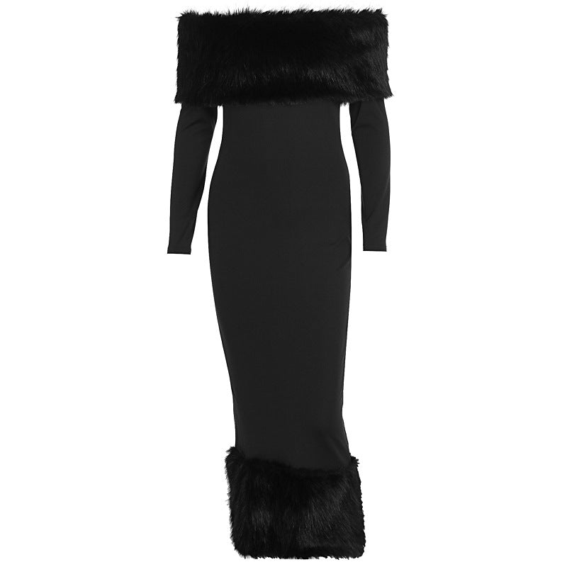 Robe élégante moulante à manches longues avec col en fourrure