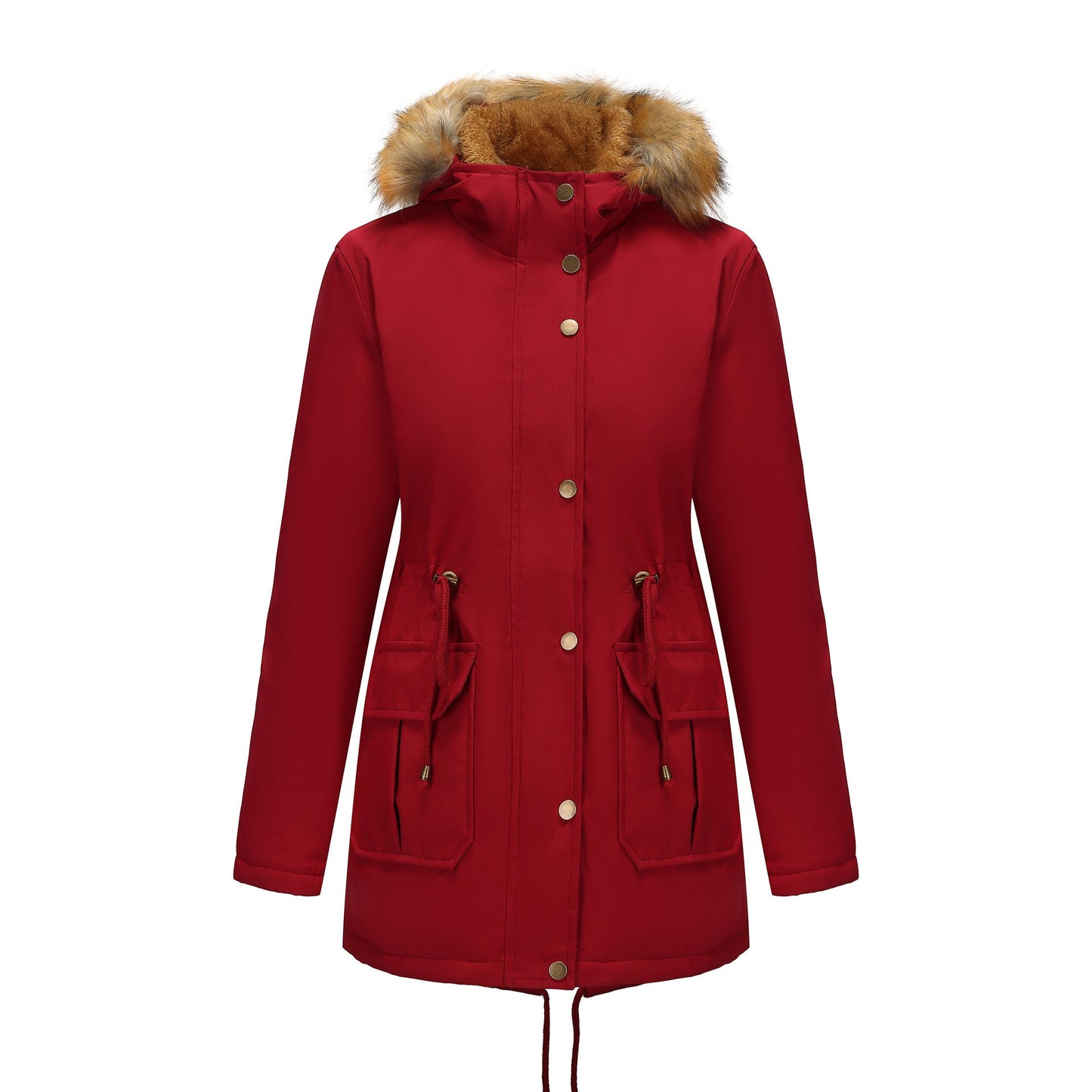 Manteau Femme Mi-Long Élégant à Capuche et Col Fourrure, Taille Cintrée