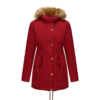 Manteau Femme Mi-Long Élégant à Capuche et Col Fourrure, Taille Cintrée